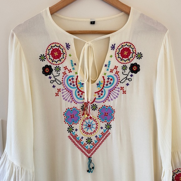 None Dresses & Skirts - Boho Embroidered Peasant Dress Cream Fringe Festival Tunic Midi S